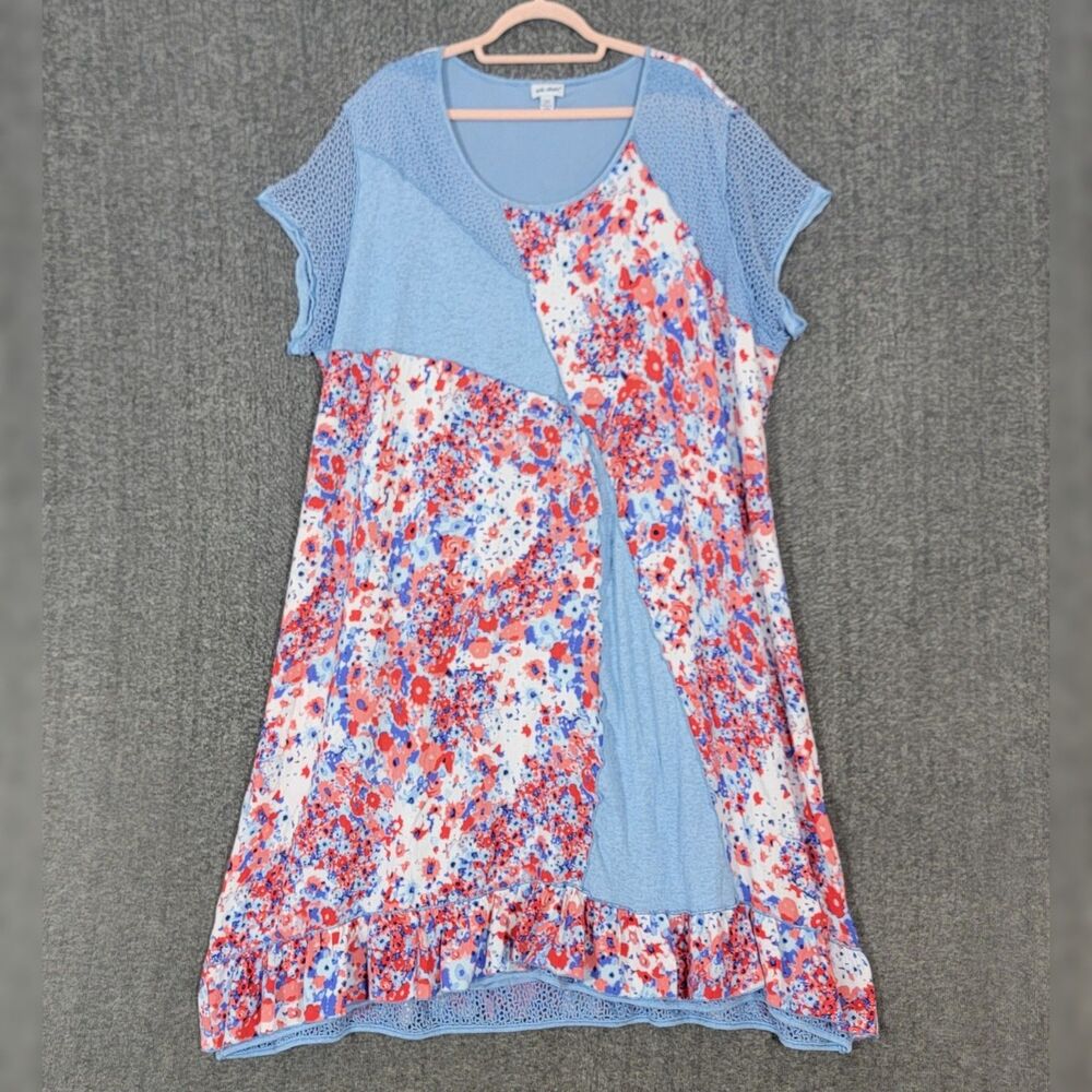Vicki Wayne Dress Womens 2X Blue Pink Floral Mixed Media Boho Midi Shift